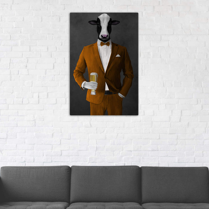 Cow Drinking Beer Wall Art - Orange Suit
