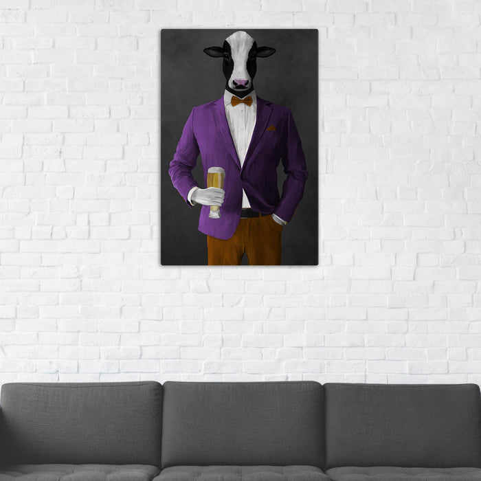 Cow Drinking Beer Wall Art - Purple and Orange Suit