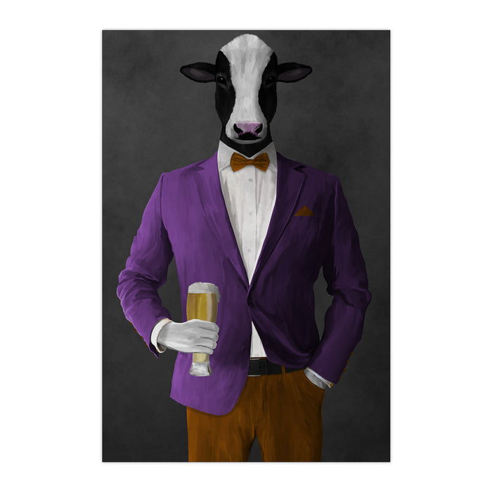 Cow Drinking Beer Wall Art - Purple and Orange Suit