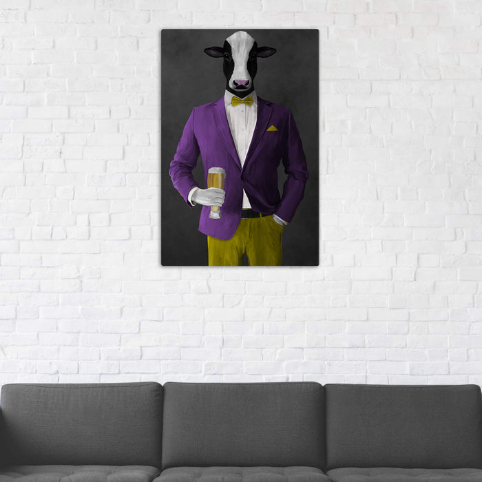 Cow Drinking Beer Wall Art - Purple and Yellow Suit