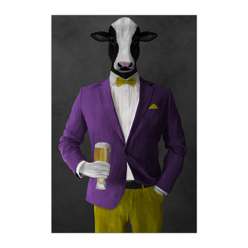 Cow Drinking Beer Wall Art - Purple and Yellow Suit