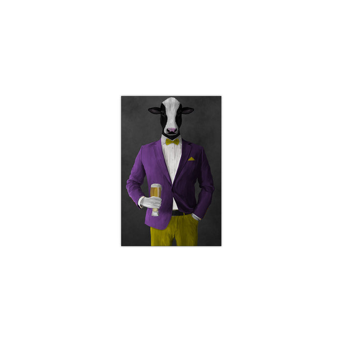 Cow Drinking Beer Wall Art - Purple and Yellow Suit