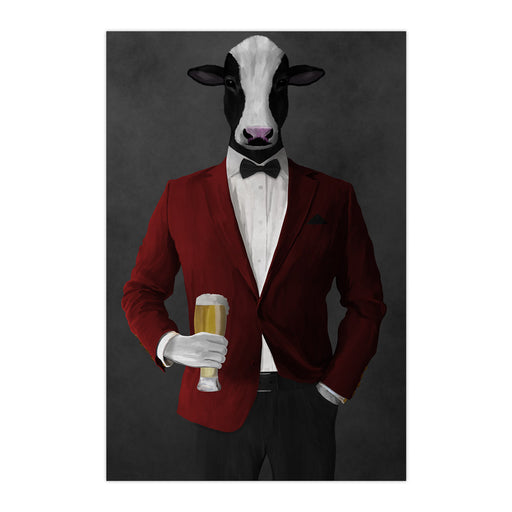 Cow Drinking Beer Wall Art - Red and Black Suit