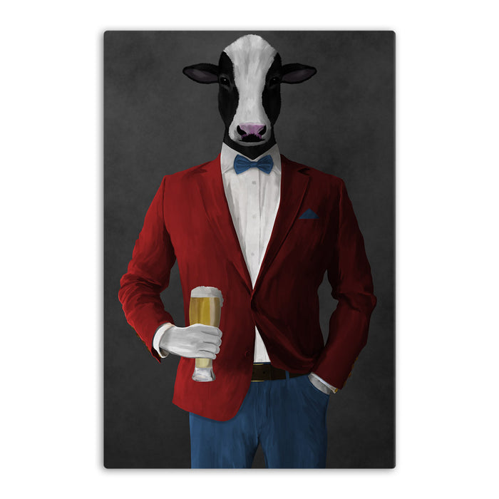 Cow Drinking Beer Wall Art - Red and Blue Suit
