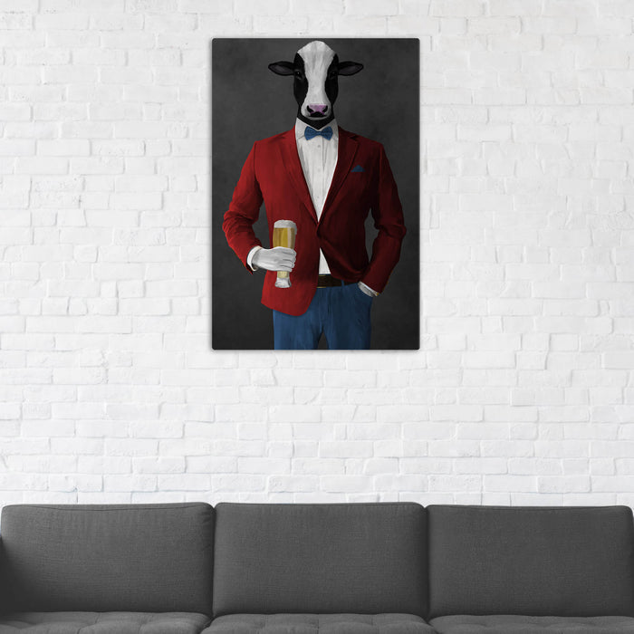 Cow Drinking Beer Wall Art - Red and Blue Suit