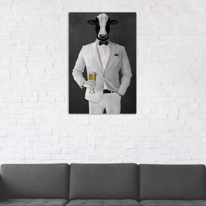 Cow Drinking Beer Wall Art - White Suit