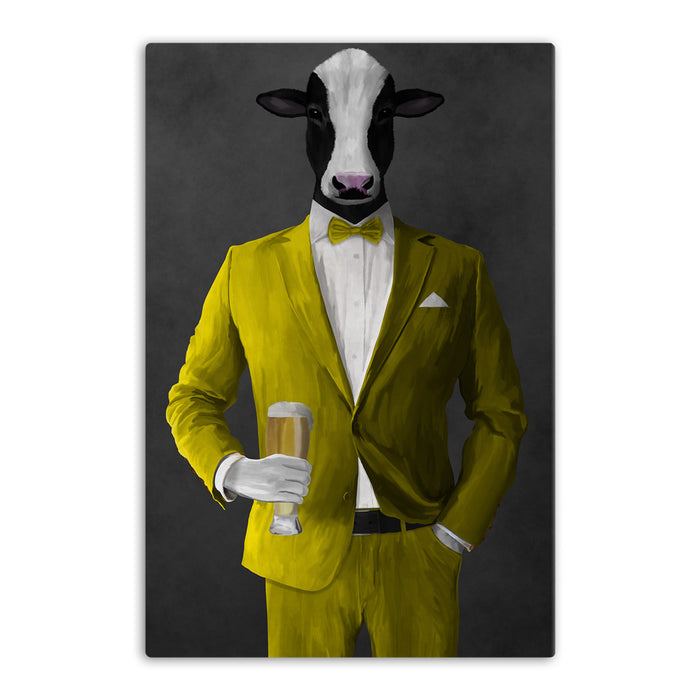 Cow Drinking Beer Wall Art - Yellow Suit