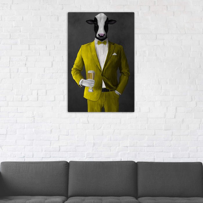 Cow Drinking Beer Wall Art - Yellow Suit