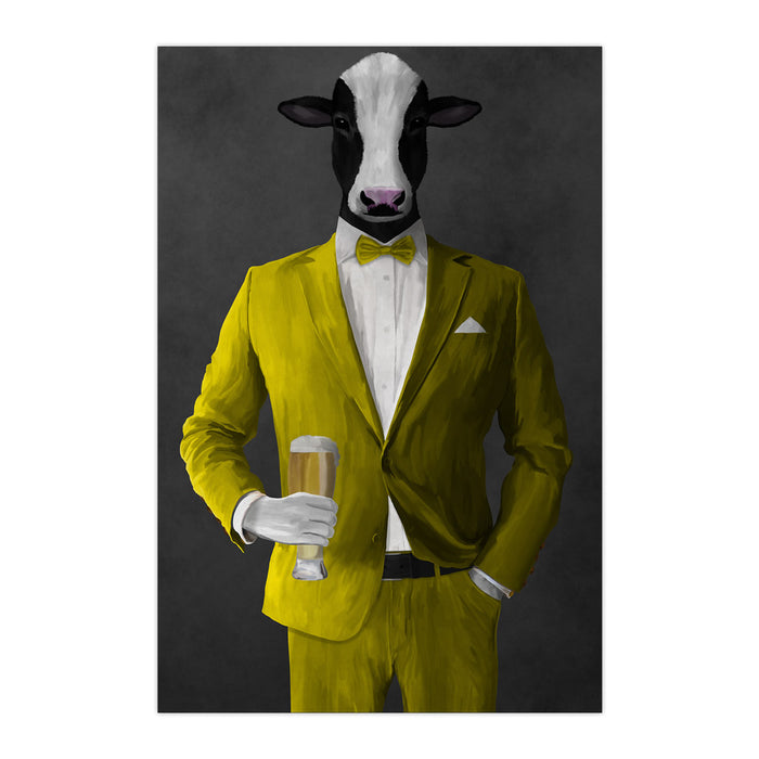 Cow Drinking Beer Wall Art - Yellow Suit