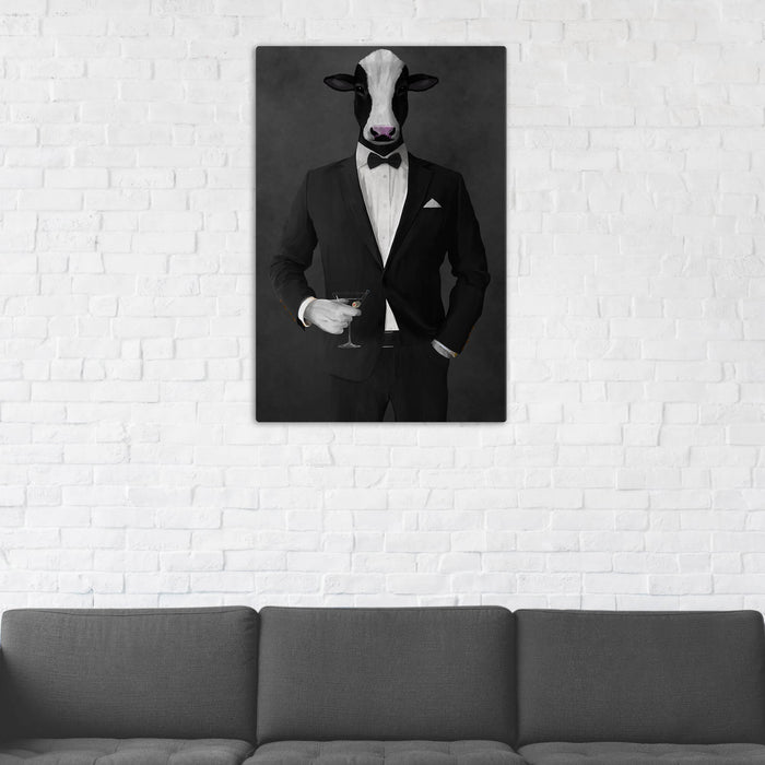 Cow Drinking Martini Wall Art - Black Suit