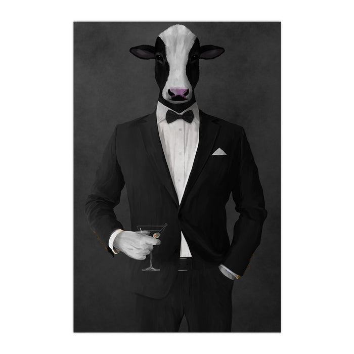 Cow Drinking Martini Wall Art - Black Suit