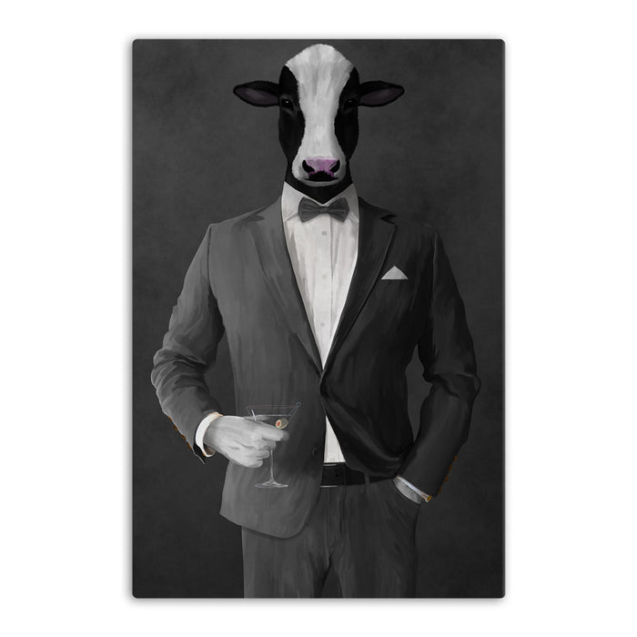 Cow Drinking Martini Wall Art - Gray Suit