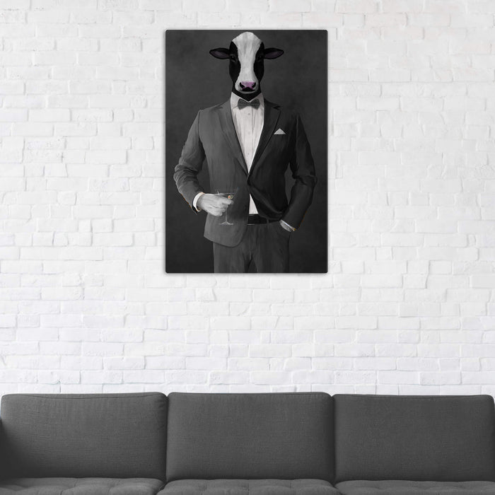 Cow Drinking Martini Wall Art - Gray Suit