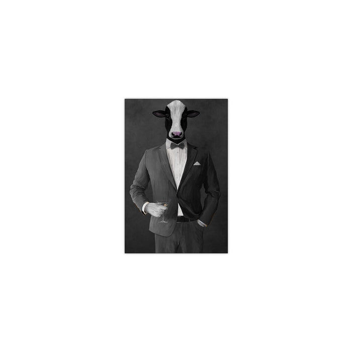 Cow Drinking Martini Wall Art - Gray Suit