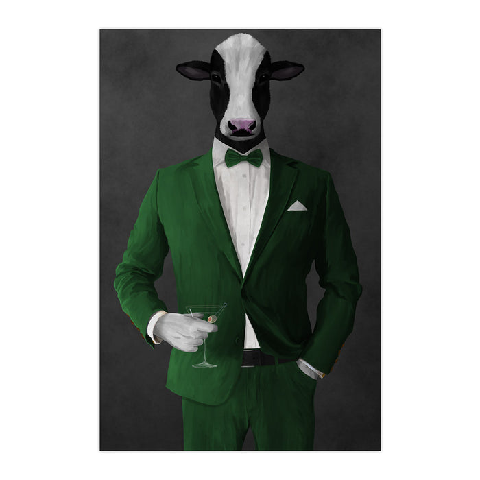 Cow Drinking Martini Wall Art - Green Suit