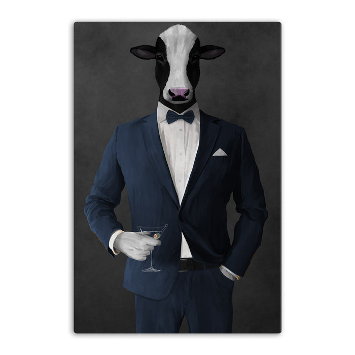 Cow Drinking Martini Wall Art - Navy Suit