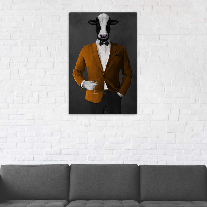 Cow Drinking Martini Wall Art - Orange and Black Suit