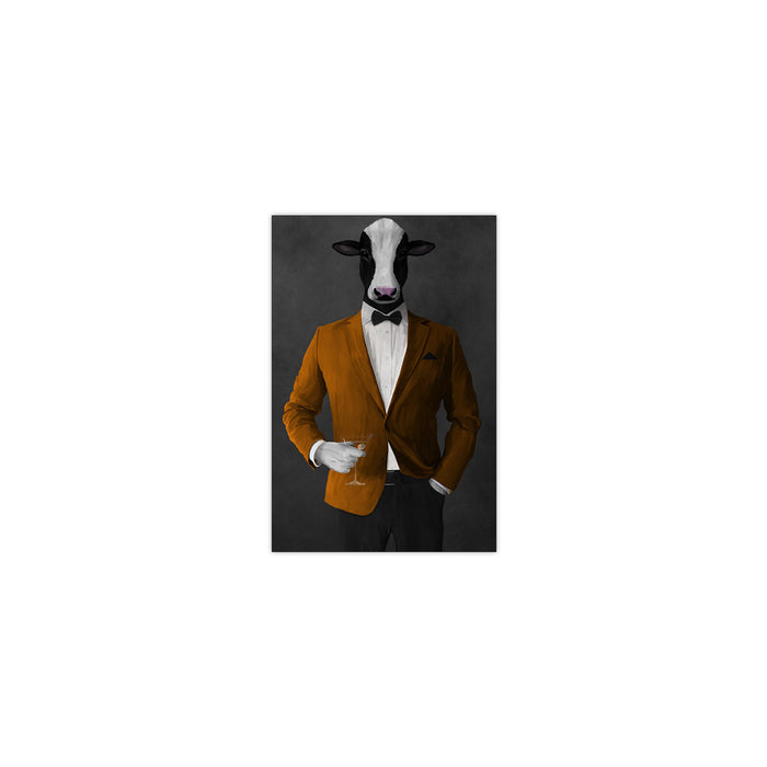 Cow Drinking Martini Wall Art - Orange and Black Suit