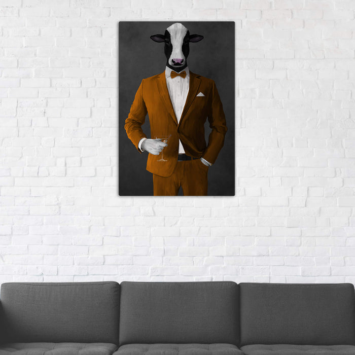 Cow Drinking Martini Wall Art - Orange Suit