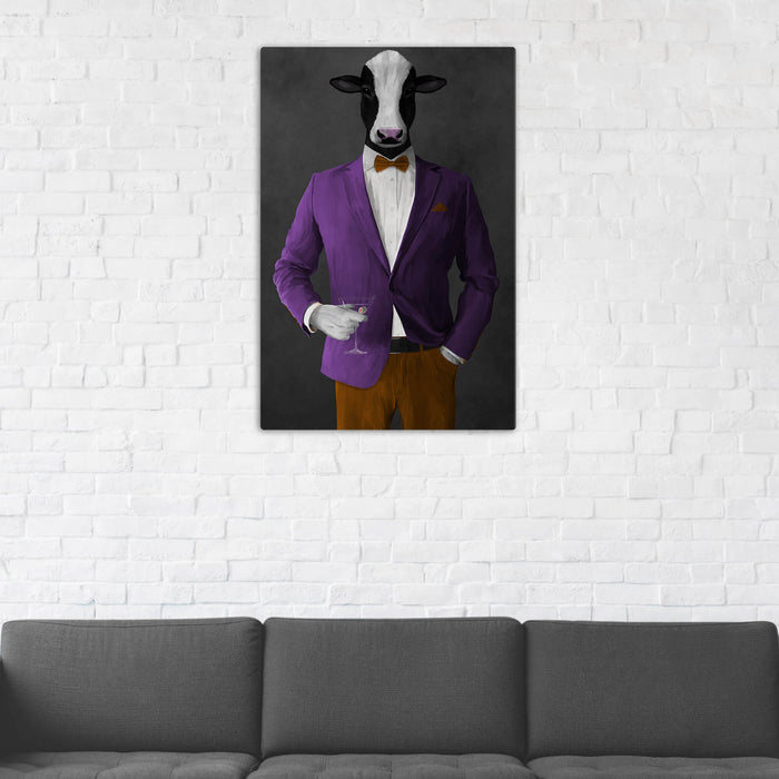 Cow Drinking Martini Wall Art - Purple and Orange Suit