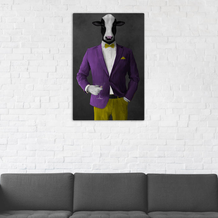 Cow Drinking Martini Wall Art - Purple and Yellow Suit