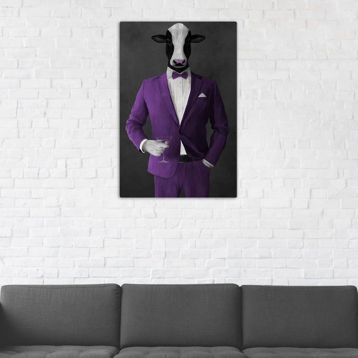 Cow Drinking Martini Wall Art - Purple Suit