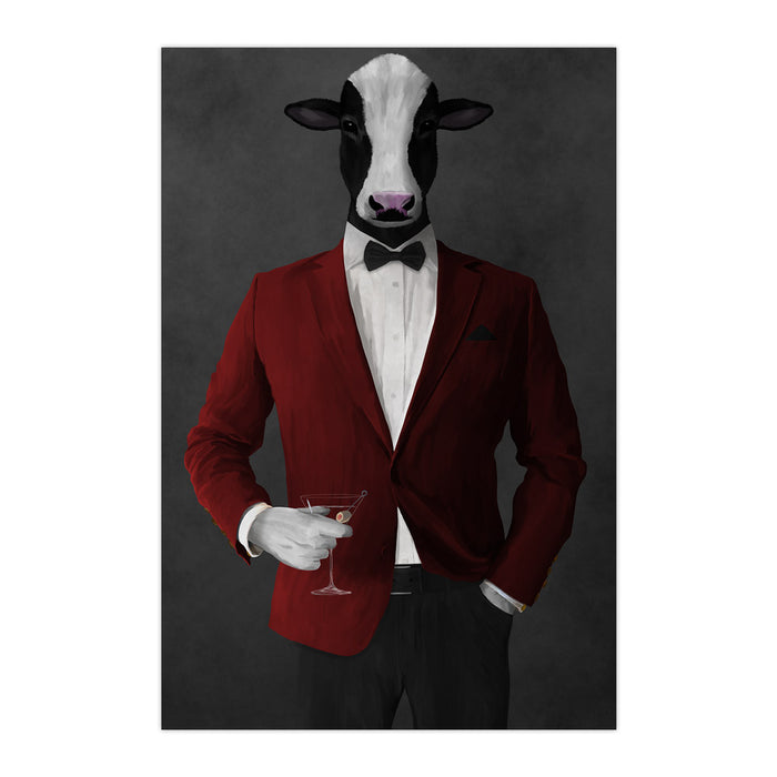 Cow Drinking Martini Wall Art - Red and Black Suit