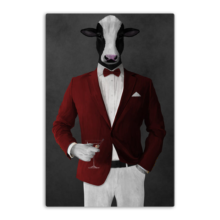 Cow Drinking Martini Wall Art - Red and White Suit