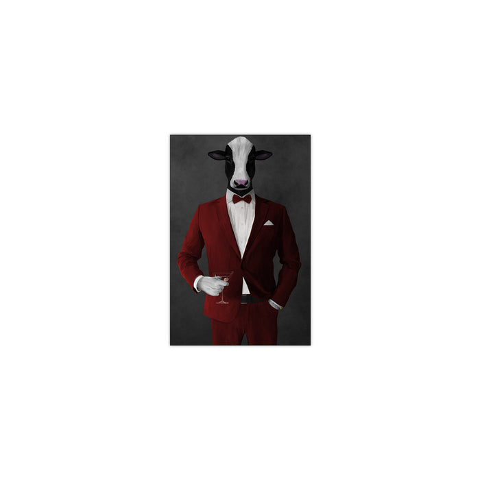 Cow Drinking Martini Wall Art - Red Suit
