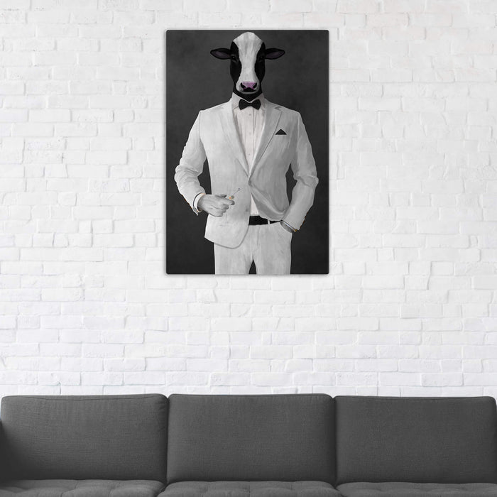 Cow Drinking Martini Wall Art - White Suit