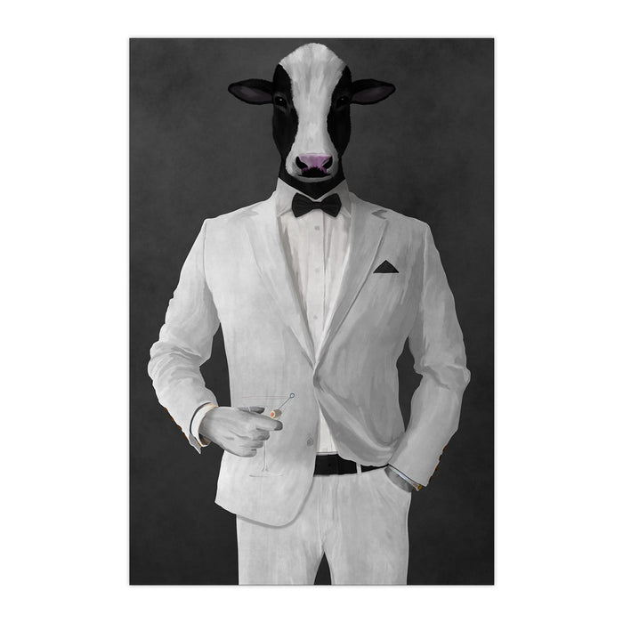 Cow Drinking Martini Wall Art - White Suit