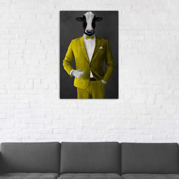 Cow Drinking Martini Wall Art - Yellow Suit
