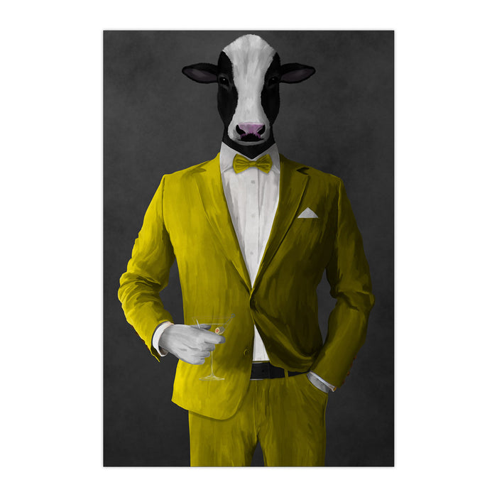 Cow Drinking Martini Wall Art - Yellow Suit