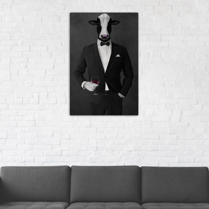 Cow Drinking Red Wine Wall Art - Black Suit