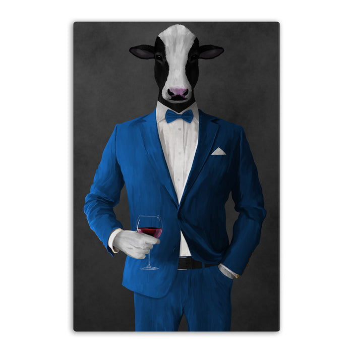 Cow Drinking Red Wine Wall Art - Blue Suit