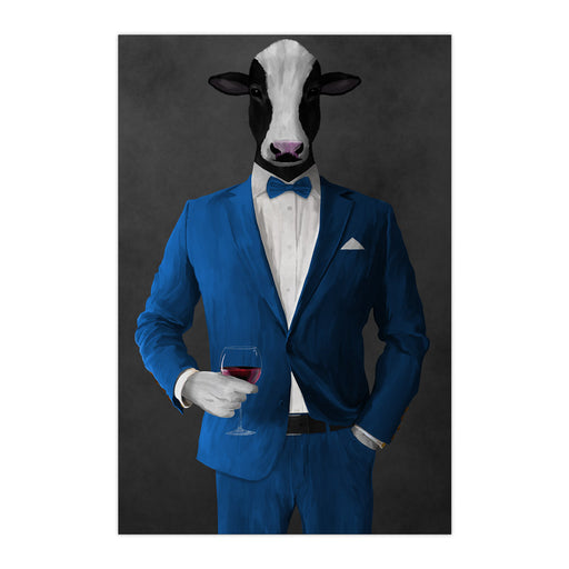 Cow Drinking Red Wine Wall Art - Blue Suit