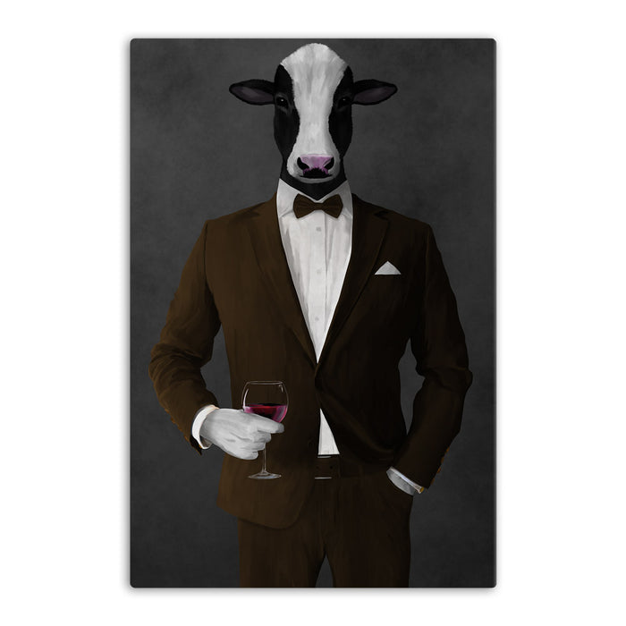 Cow Drinking Red Wine Wall Art - Brown Suit