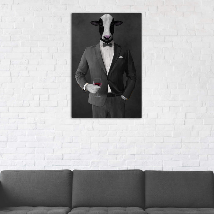 Cow Drinking Red Wine Wall Art - Gray Suit