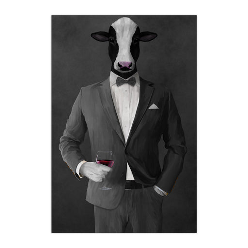 Cow Drinking Red Wine Wall Art - Gray Suit