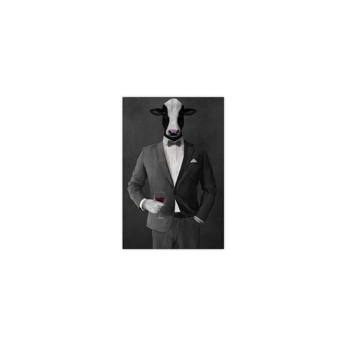 Cow Drinking Red Wine Wall Art - Gray Suit