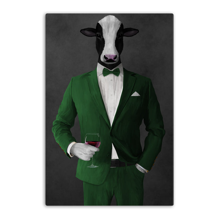 Cow Drinking Red Wine Wall Art - Green Suit