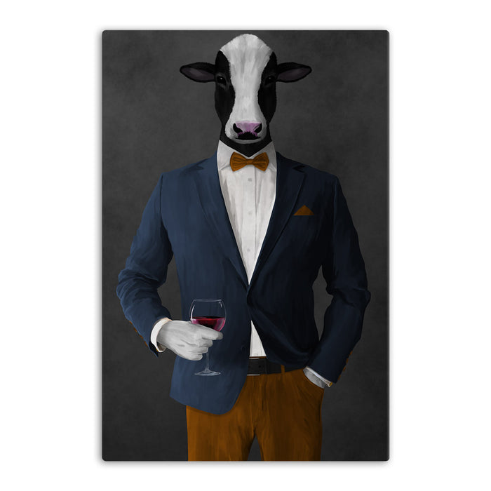 Cow Drinking Red Wine Wall Art - Navy and Orange Suit