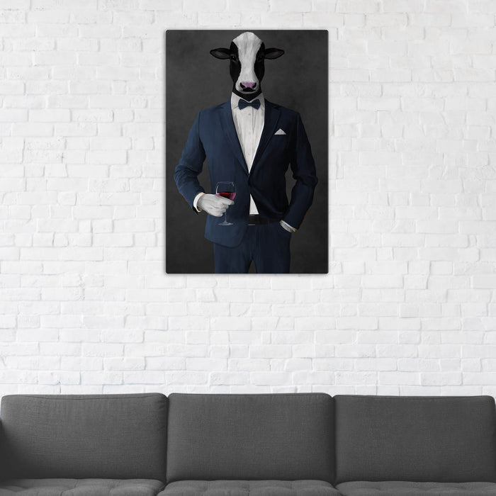 Cow Drinking Red Wine Wall Art - Navy Suit