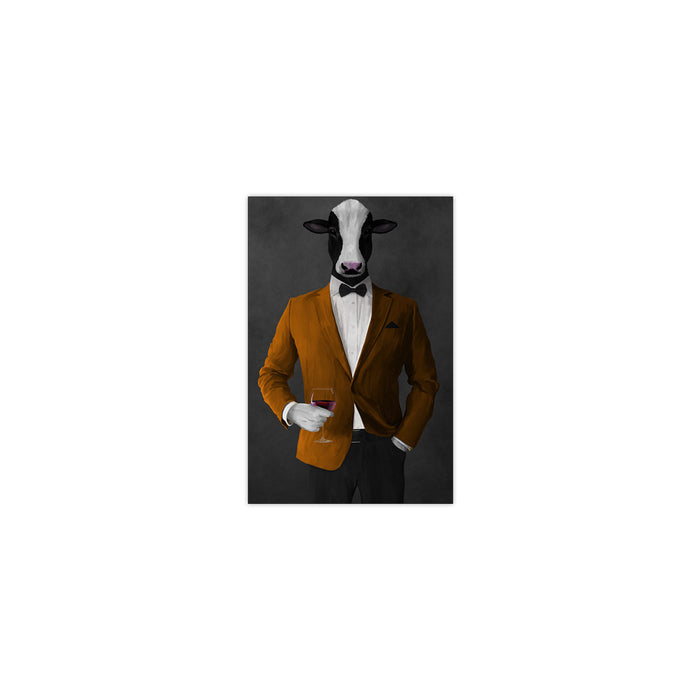 Cow Drinking Red Wine Wall Art - Orange and Black Suit