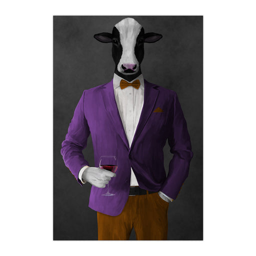 Cow Drinking Red Wine Wall Art - Purple and Orange Suit