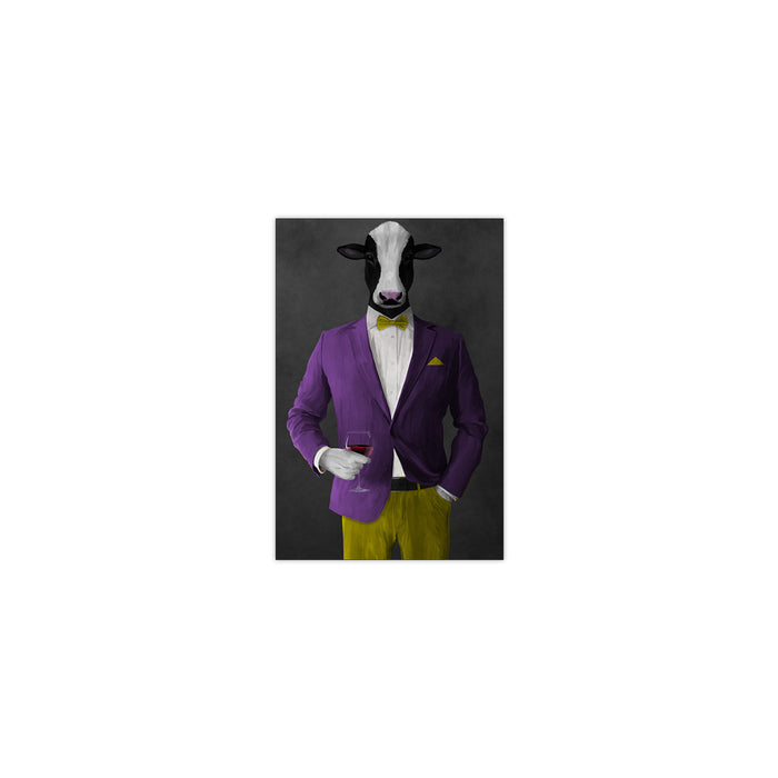Cow Drinking Red Wine Wall Art - Purple and Yellow Suit