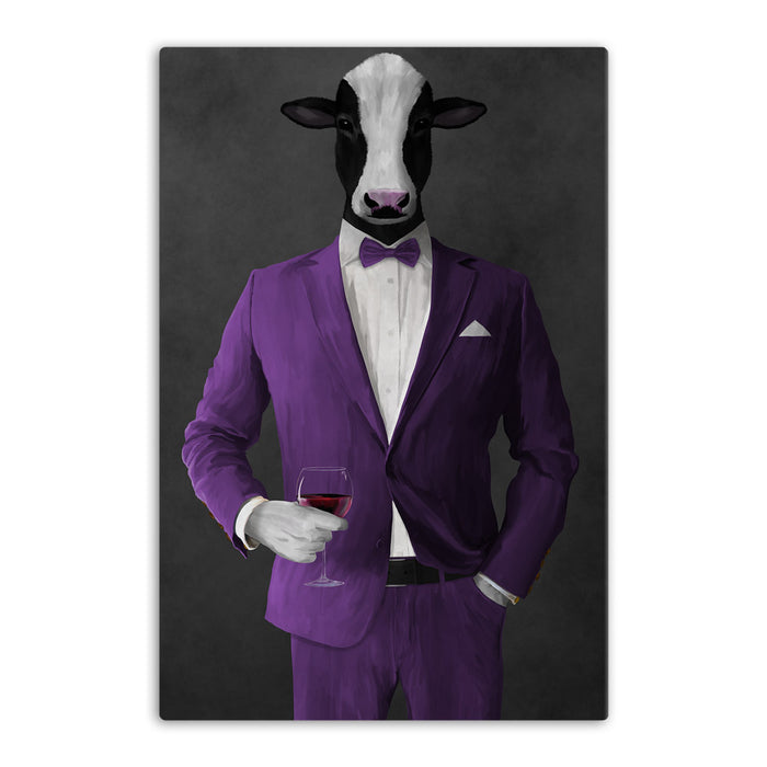 Cow Drinking Red Wine Wall Art - Purple Suit