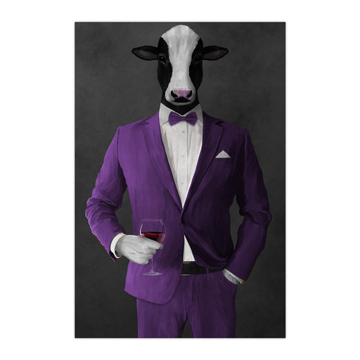 Cow Drinking Red Wine Wall Art - Purple Suit