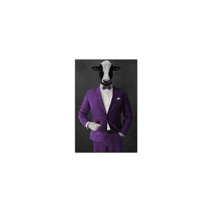 Cow Drinking Red Wine Wall Art - Purple Suit