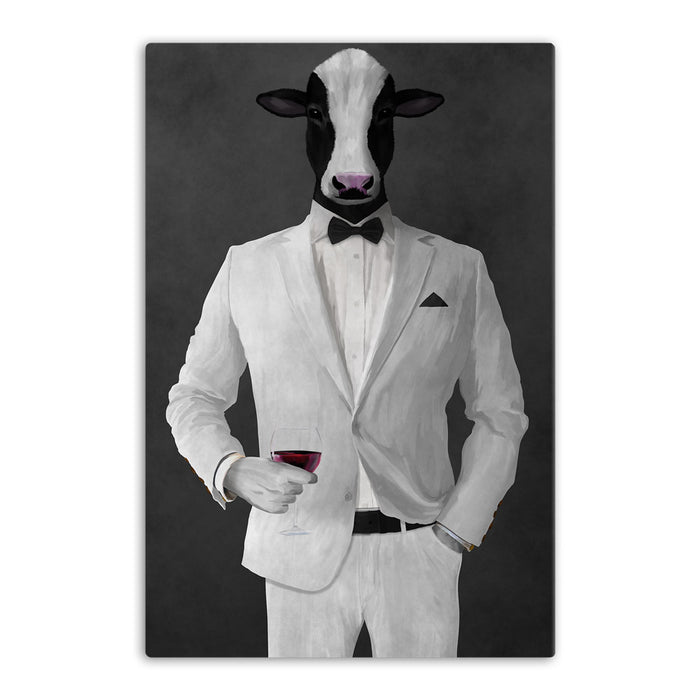 Cow Drinking Red Wine Wall Art - White Suit